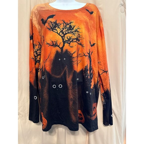 Halloween 2XL Long Sleeved Top CATS and Pumpkins EUC - Picture 1 of 5